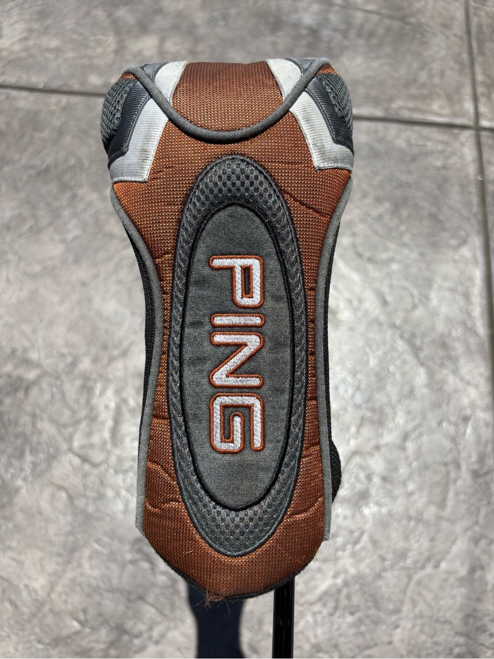 Vintage PING Men's Brown and Gray Golf Club Headcover with Orange Accents